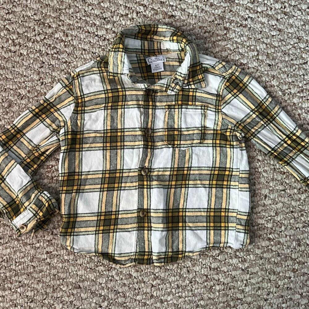 Quiltex Aize 4T off white and green plaid long sleeve toddler shirt